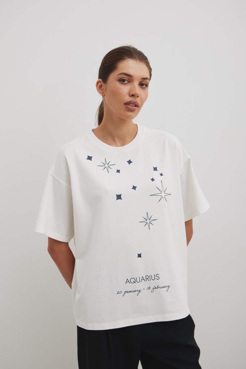 Tshirt oversize z nadrukiem w kolorze ECRU- ZODIAC / AQUARIUS