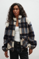 Bluza typu baranek w kratę GRANATOWO BEŻOWĄ - VELMORE 9343