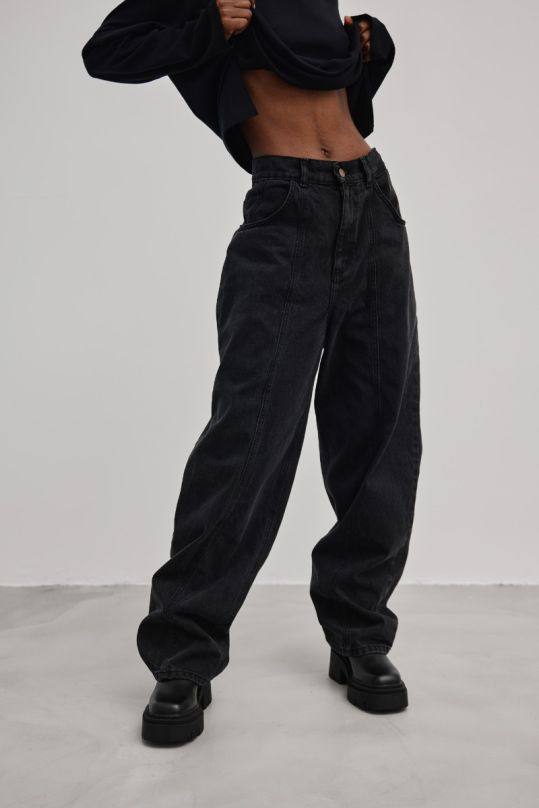 Spodnie jeansowe  z przeszyciem na nogawce w kolorze WASHED BLACK - BALLON