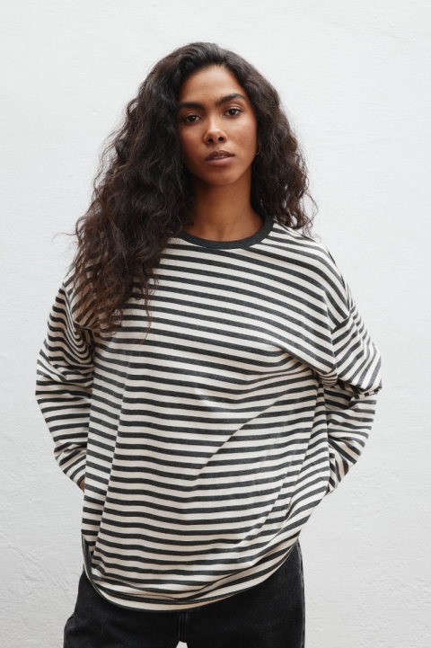 Longsleeve typu oversize w paski BEŻOWO GRAFITOWE - LOWEN