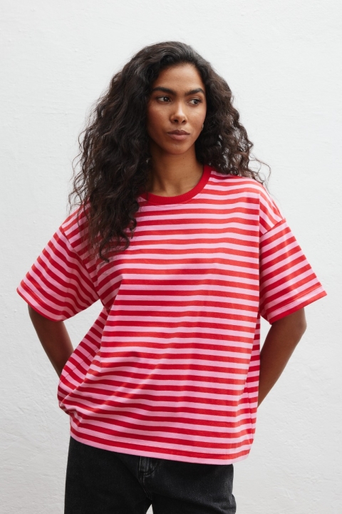 Klasyczny Tshirt w paski CZERWONO RÓŻOWE - DUAL