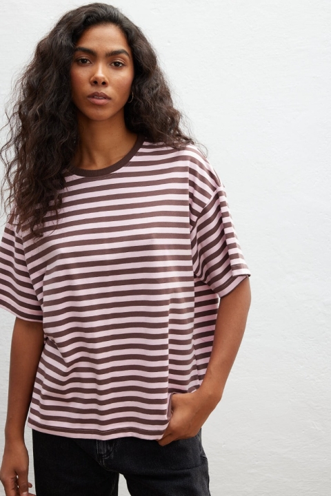 Klasyczny Tshirt w paski RÓŻOWO BRĄZOWE - DUAL