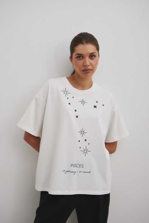 Tshirt oversize z nadrukiem w kolorze ECRU- ZODIAC / PISCES